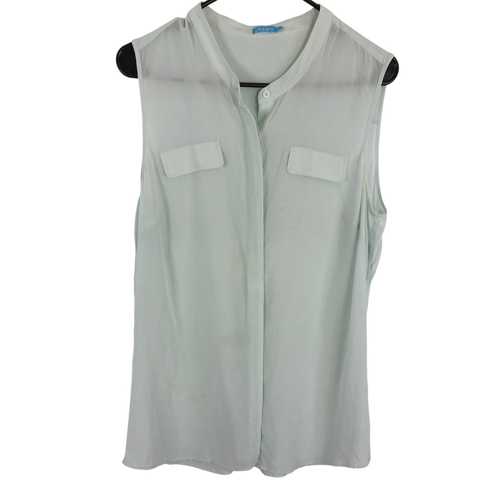J.McLaughlin Womens Silk Luxury Preppy Sleeveless Blouse Mint Green Button Top L